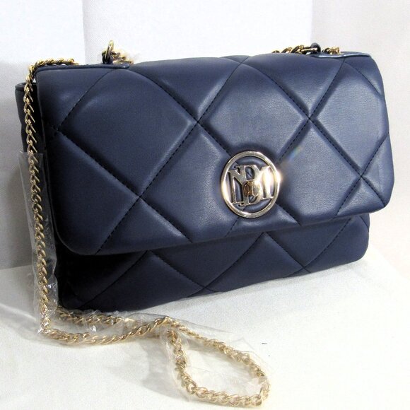 BADGLEY MISCHKA NWT NAVY BLUE QUILTED FLAP BAG+ TURN LOCK + CHAINS - Picture 1 of 14